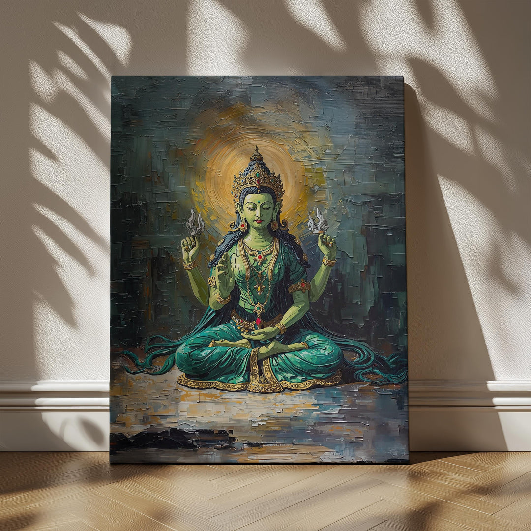 Hindu Tara goddess wall art showing green goddess seated in meditation with glowing halo and sacred spiritual symbolism