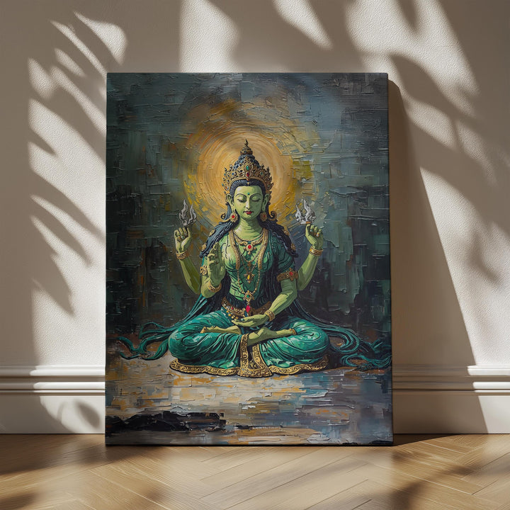 Hindu Tara goddess wall art showing green goddess seated in meditation with glowing halo and sacred spiritual symbolism