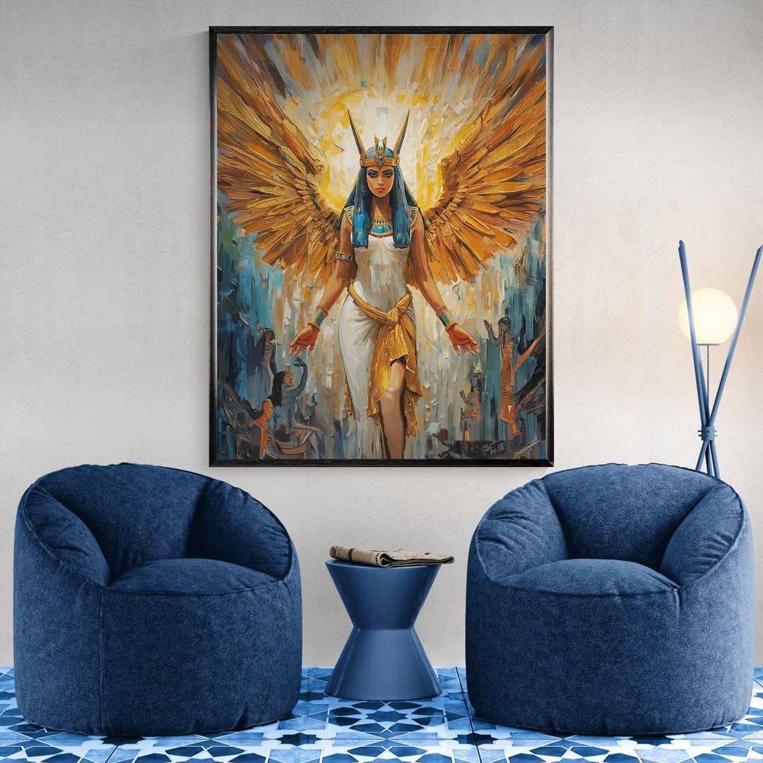 Egyptian goddess Isis wall art showing a celestial divine figure with golden wings, luminous halo, and sacred ancient symbolism in fantasy style