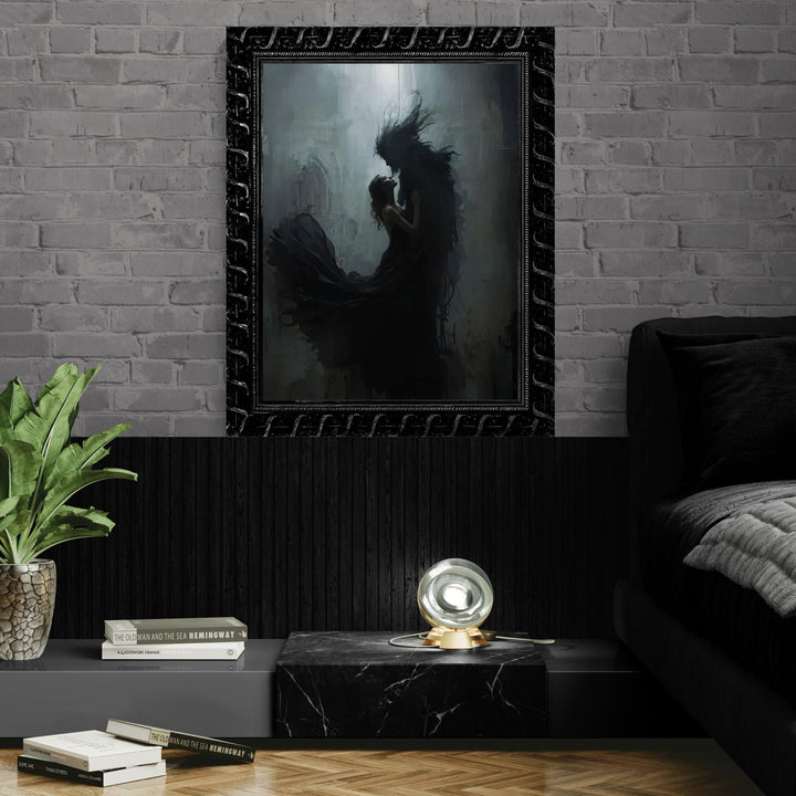 Dark fantasy wall art featuring a woman embracing a shadow monster in a haunting gothic atmosphere