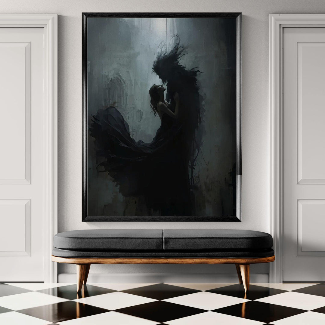 Dark fantasy wall art featuring a woman embracing a shadow monster in a haunting gothic atmosphere
