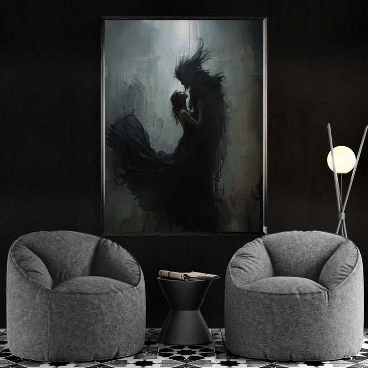 Dark fantasy wall art featuring a woman embracing a shadow monster in a haunting gothic atmosphere