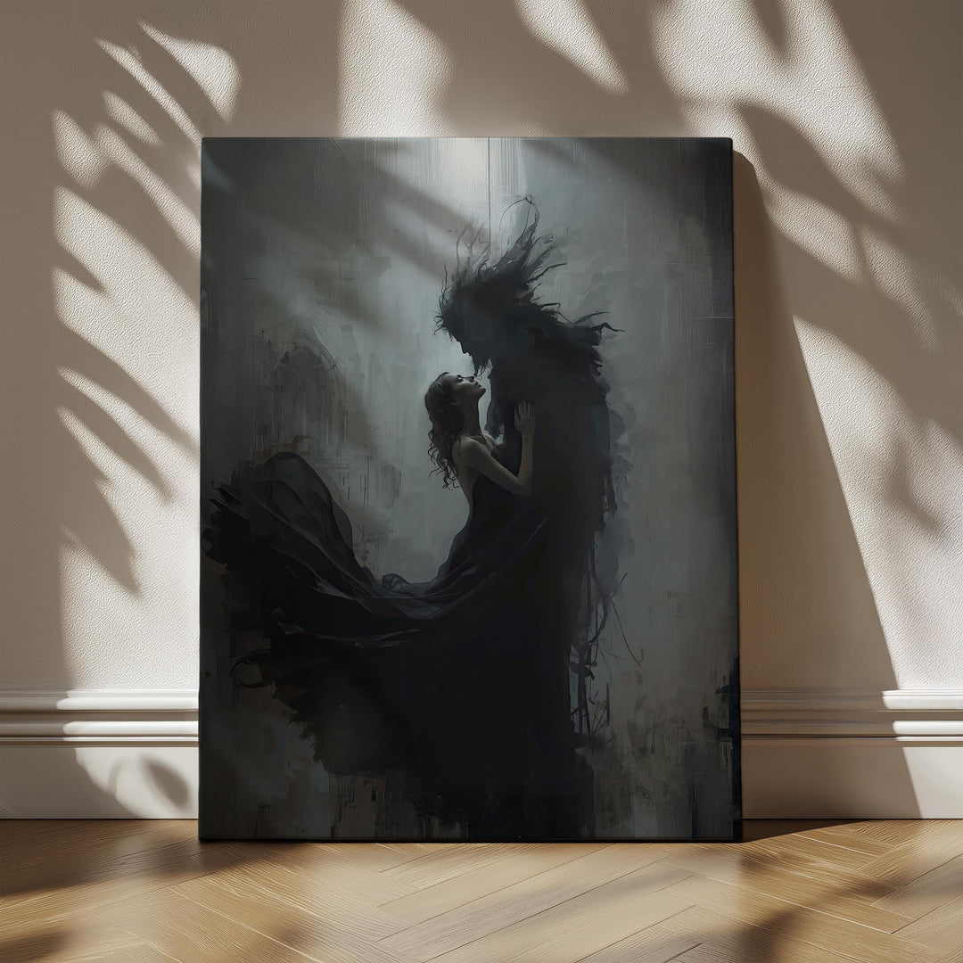 Dark fantasy wall art featuring a woman embracing a shadow monster in a haunting gothic atmosphere