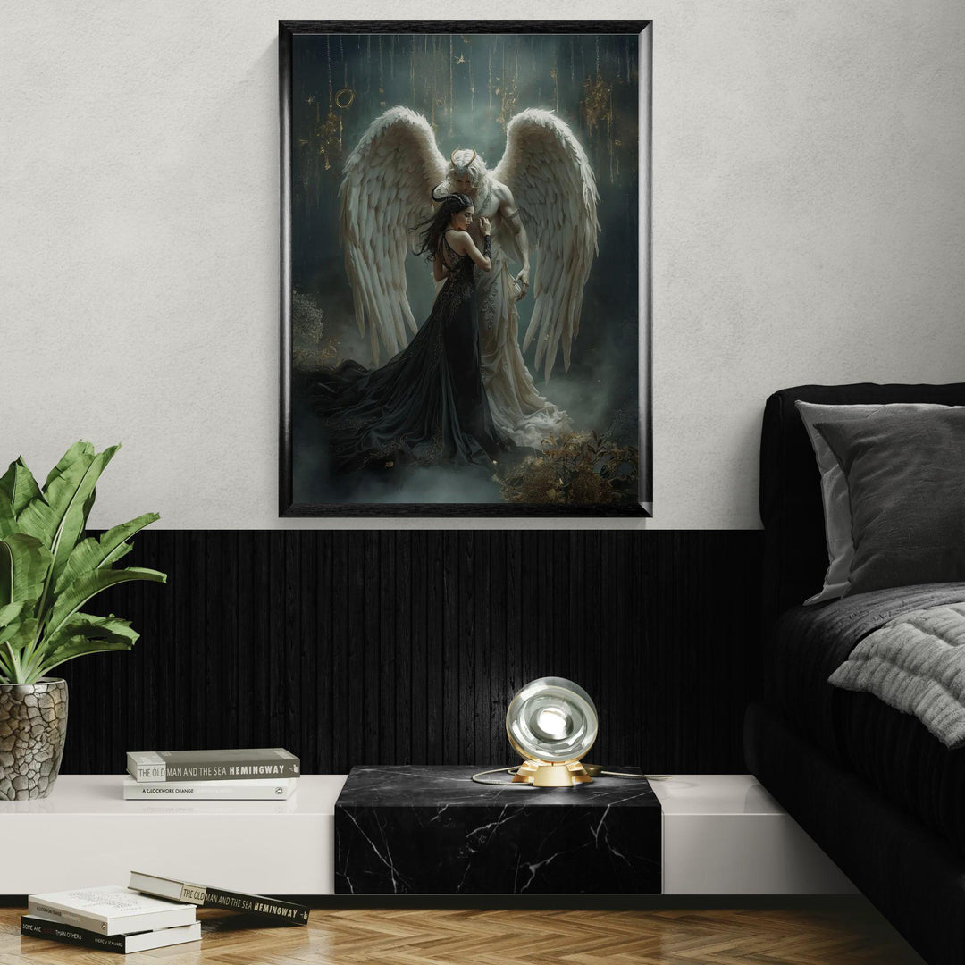 Dark fantasy romance art featuring a celestial angel embracing a gothic woman in an ethereal, intimate atmosphere