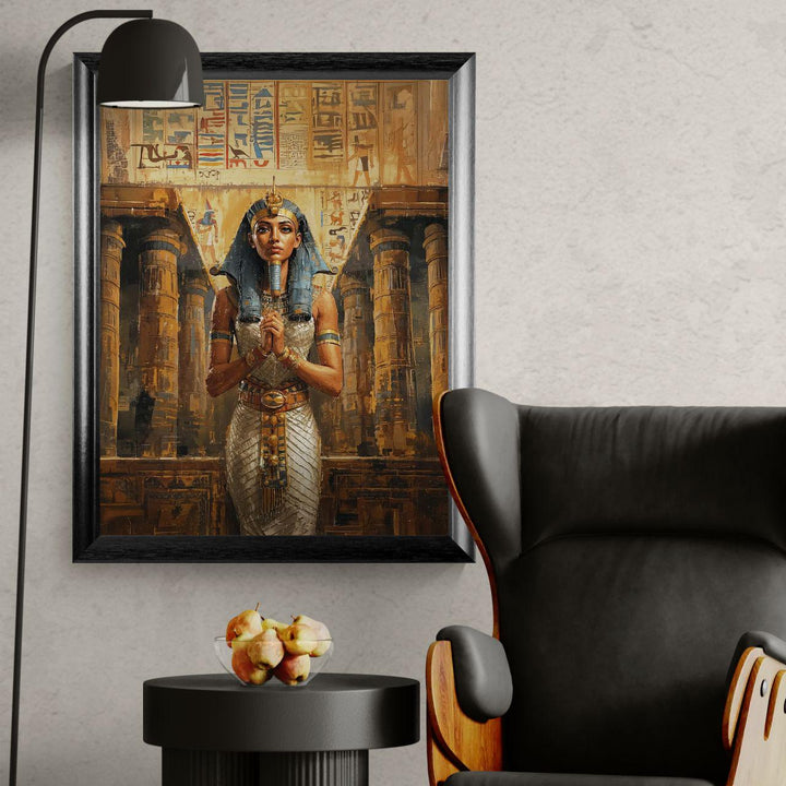 Egyptian goddess wall art featuring Wadjet in ceremonial attire standing inside a grand ancient temple filled with hieroglyphs and warm golden tones.