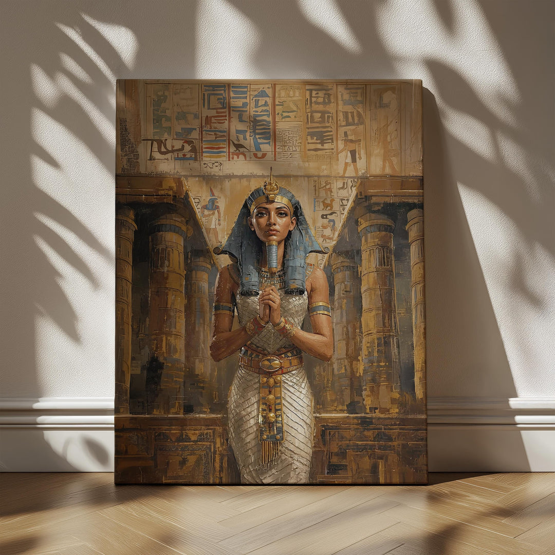 Egyptian goddess wall art featuring Wadjet in ceremonial attire standing inside a grand ancient temple filled with hieroglyphs and warm golden tones.