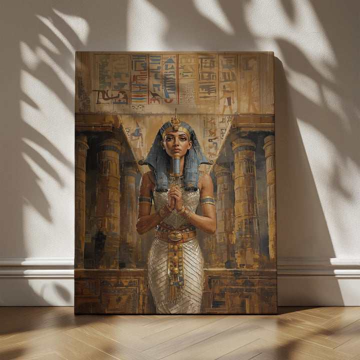 Egyptian goddess wall art featuring Wadjet in ceremonial attire standing inside a grand ancient temple filled with hieroglyphs and warm golden tones.