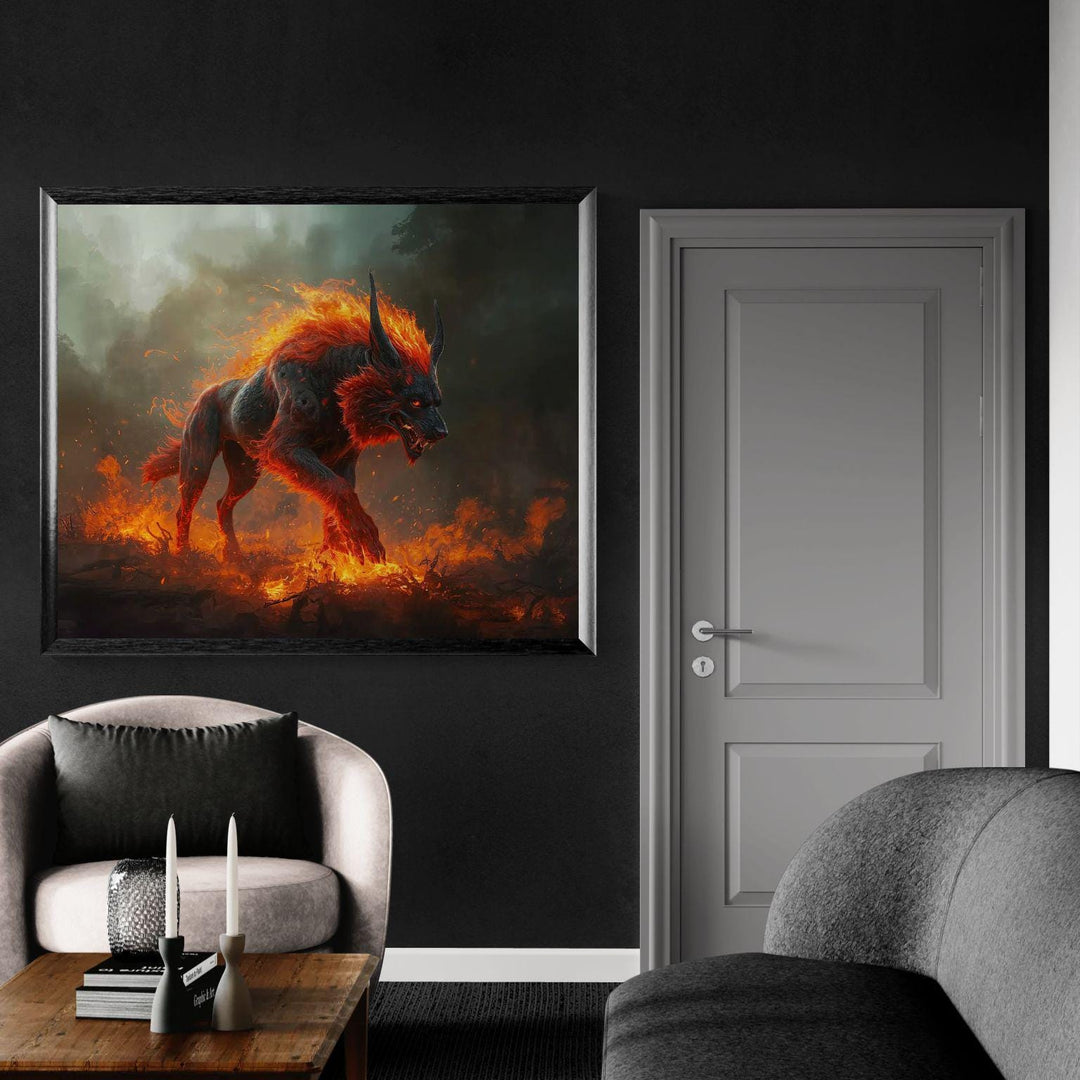 Dark fantasy hellhound wall art featuring a fiery demon wolf walking through burning embers and smoke.