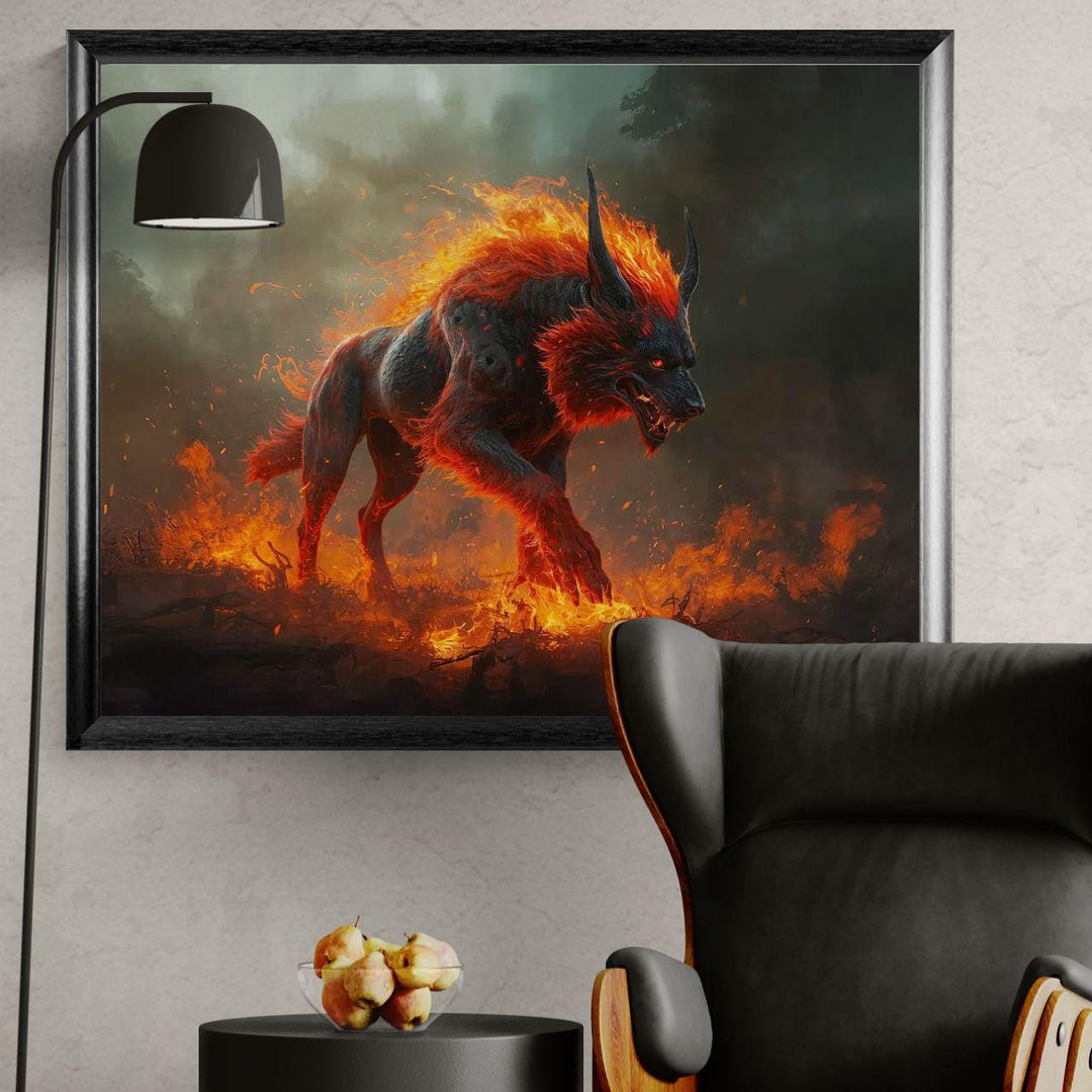 Dark fantasy hellhound wall art featuring a fiery demon wolf walking through burning embers and smoke.