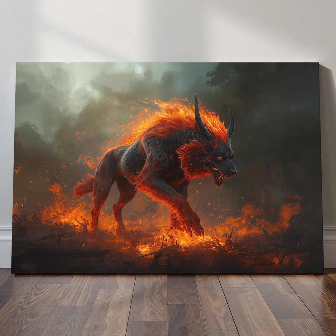 Dark fantasy hellhound wall art featuring a fiery demon wolf walking through burning embers and smoke.
