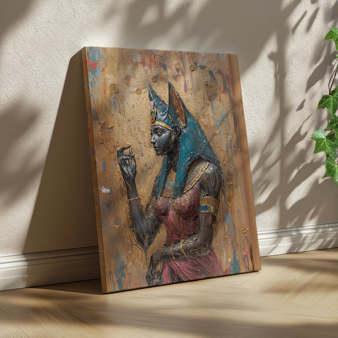 Egyptian goddess wall art featuring Bastet portrayed as a regal cat deity with gold adornments in painterly style.
