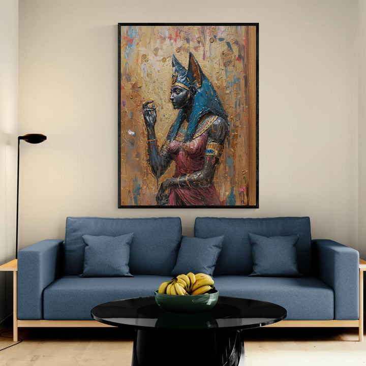 Egyptian goddess wall art featuring Bastet portrayed as a regal cat deity with gold adornments in painterly style.