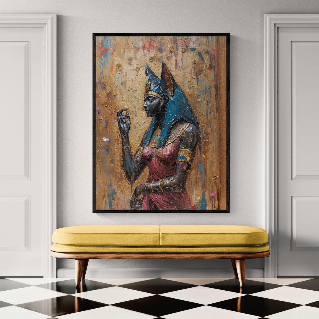 Egyptian goddess wall art featuring Bastet portrayed as a regal cat deity with gold adornments in painterly style.