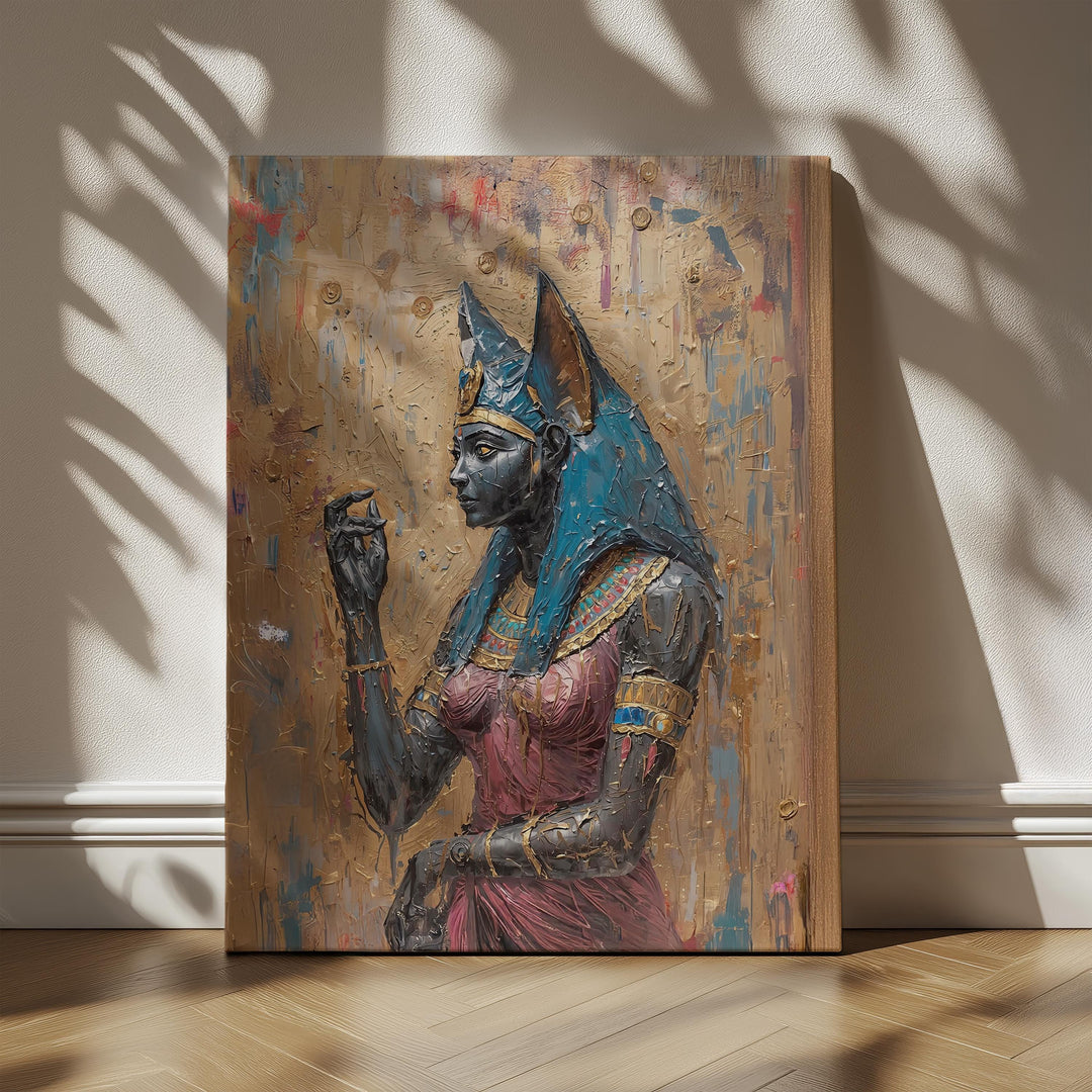 Egyptian goddess wall art featuring Bastet portrayed as a regal cat deity with gold adornments in painterly style.