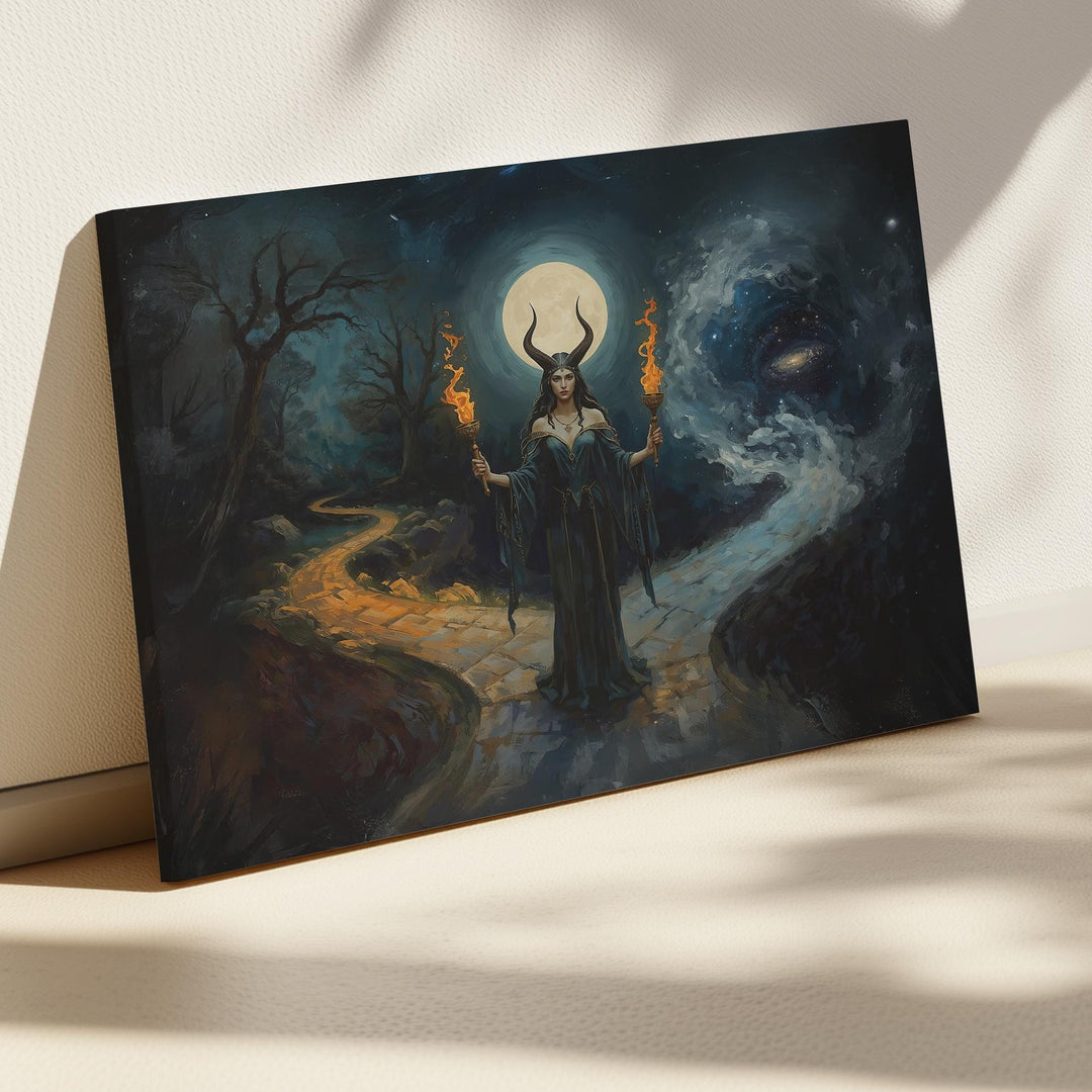 Hecate-inspired dark fantasy illustration of a horned moon goddess holding twin flaming torches beneath a glowing full moon at a cosmic crossroads between worlds.