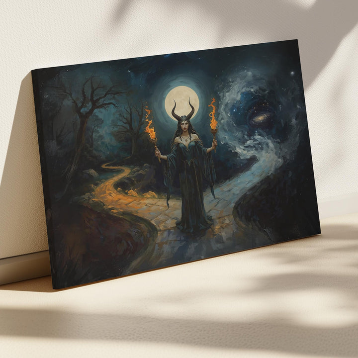 Hecate-inspired dark fantasy illustration of a horned moon goddess holding twin flaming torches beneath a glowing full moon at a cosmic crossroads between worlds.