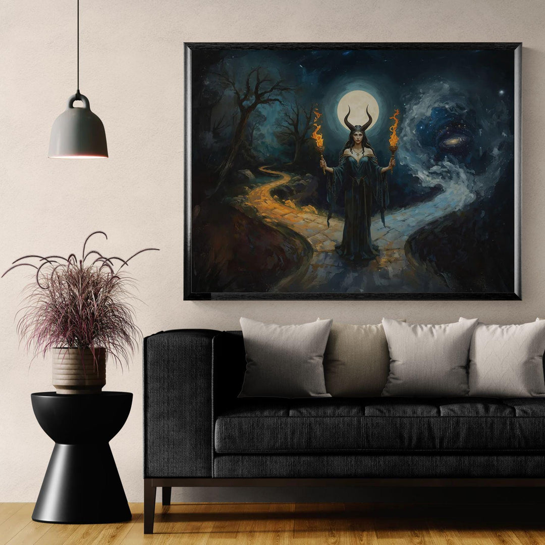 Hecate-inspired dark fantasy illustration of a horned moon goddess holding twin flaming torches beneath a glowing full moon at a cosmic crossroads between worlds.