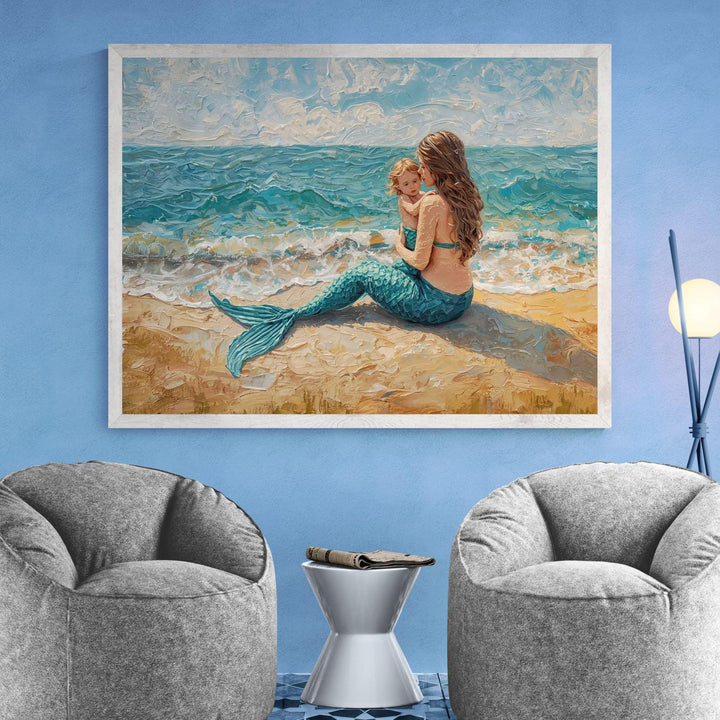 Painterly fantasy illustration of a mermaid mother sitting on a sandy beach holding her child while turquoise waves roll gently behind them.