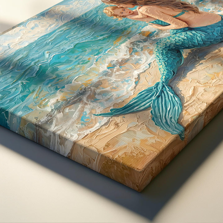 Painterly fantasy illustration of a mermaid mother sitting on a sandy beach holding her child while turquoise waves roll gently behind them.