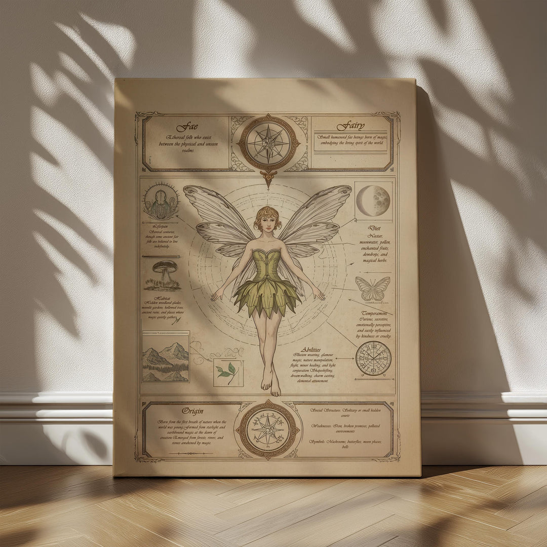 Fairy wall art in antique field guide style showing a winged fae centered on aged parchment, surrounded by celestial symbols, botanical drawings, handwritten lore, and vintage diagram elements, available as canvas or matte art print.