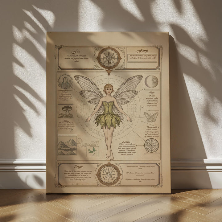 Fairy wall art in antique field guide style showing a winged fae centered on aged parchment, surrounded by celestial symbols, botanical drawings, handwritten lore, and vintage diagram elements, available as canvas or matte art print.