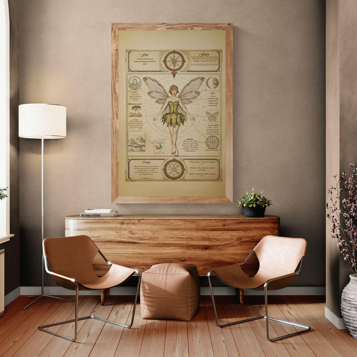Fairy wall art in antique field guide style showing a winged fae centered on aged parchment, surrounded by celestial symbols, botanical drawings, handwritten lore, and vintage diagram elements, available as canvas or matte art print.