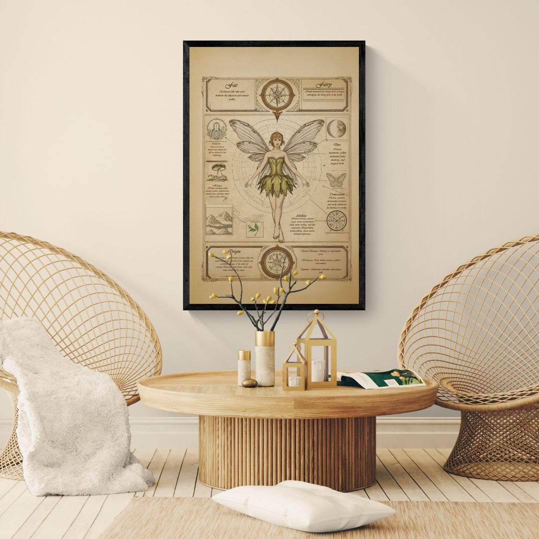 Fairy wall art in antique field guide style showing a winged fae centered on aged parchment, surrounded by celestial symbols, botanical drawings, handwritten lore, and vintage diagram elements, available as canvas or matte art print.