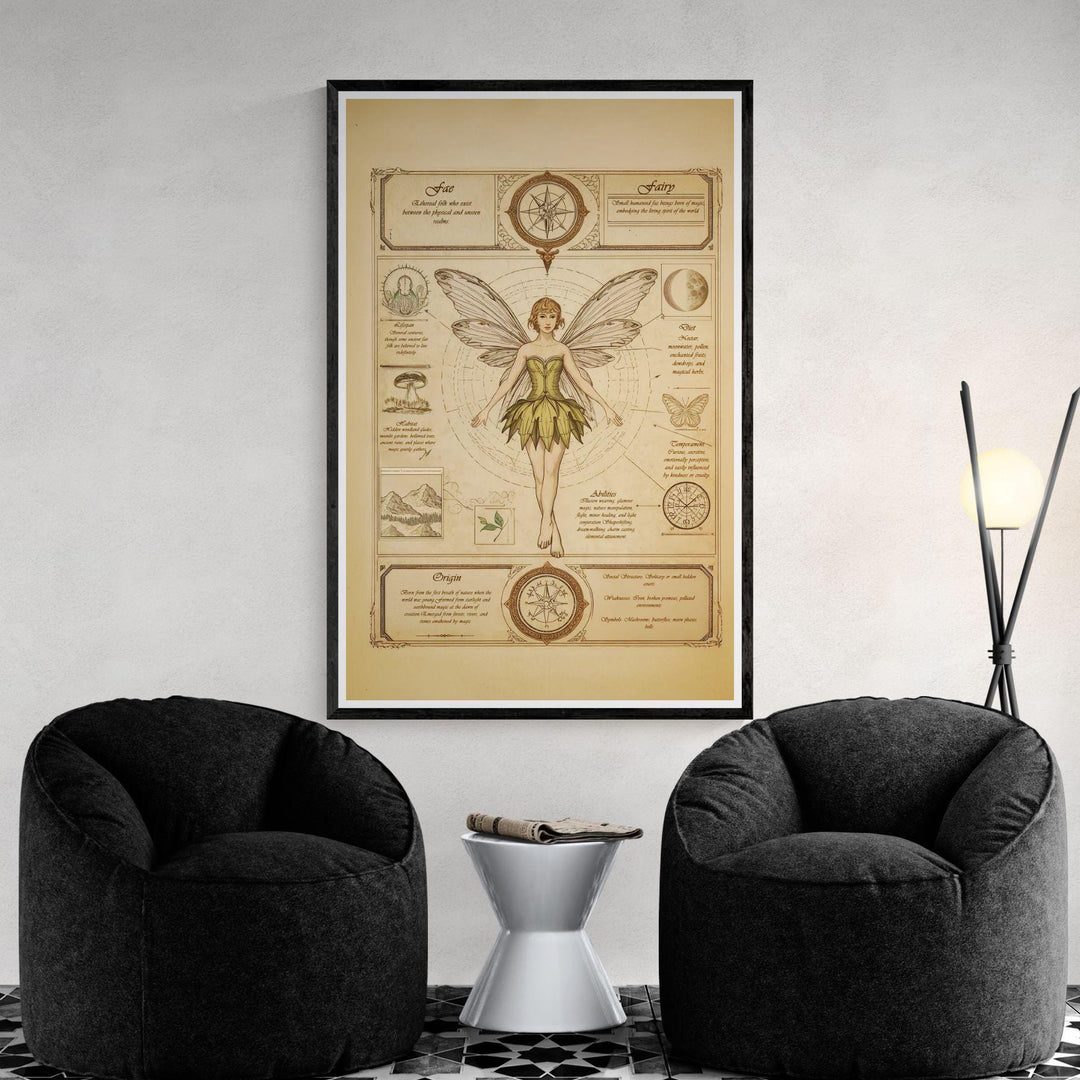 Fairy wall art in antique field guide style showing a winged fae centered on aged parchment, surrounded by celestial symbols, botanical drawings, handwritten lore, and vintage diagram elements, available as canvas or matte art print.