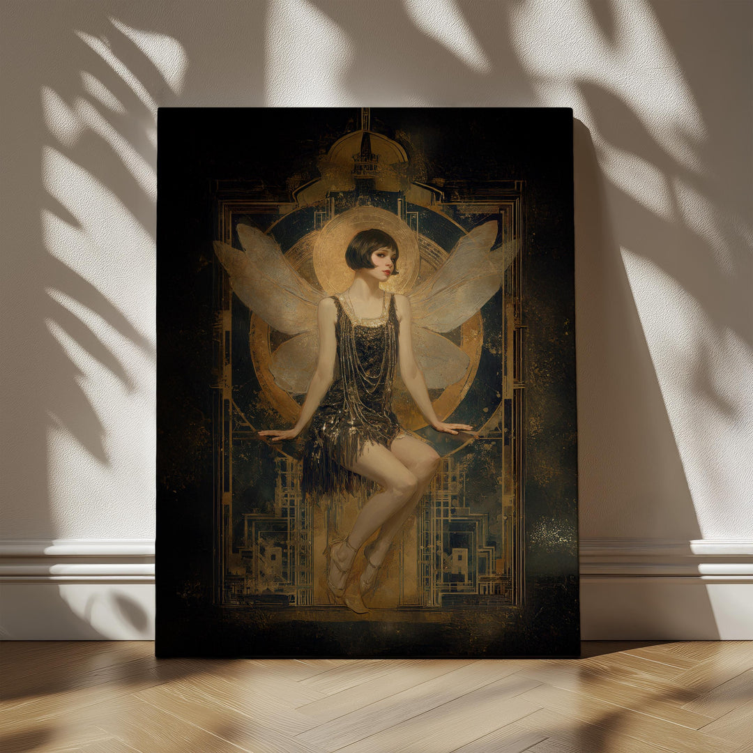 Art deco fairy wall art showing a glamorous winged fairy seated within golden celestial geometry, dark background, luminous textures, and vintage-inspired fantasy style, available as canvas or matte art print.