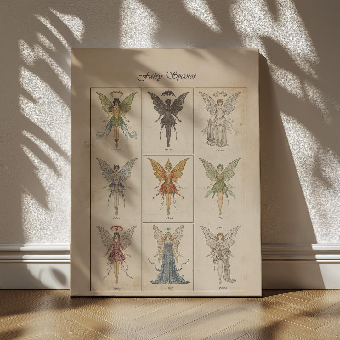 Fairy species chart wall art showing nine unique fairy types in vintage field guide style with parchment background, delicate linework, and mystical fantasy details.
