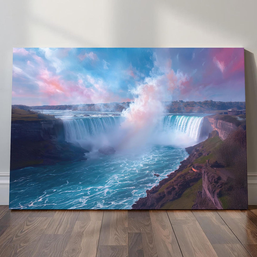 Niagara Falls wall art depicting a dreamy fantasy waterfall with flowing turquoise water, mist, and pastel skies