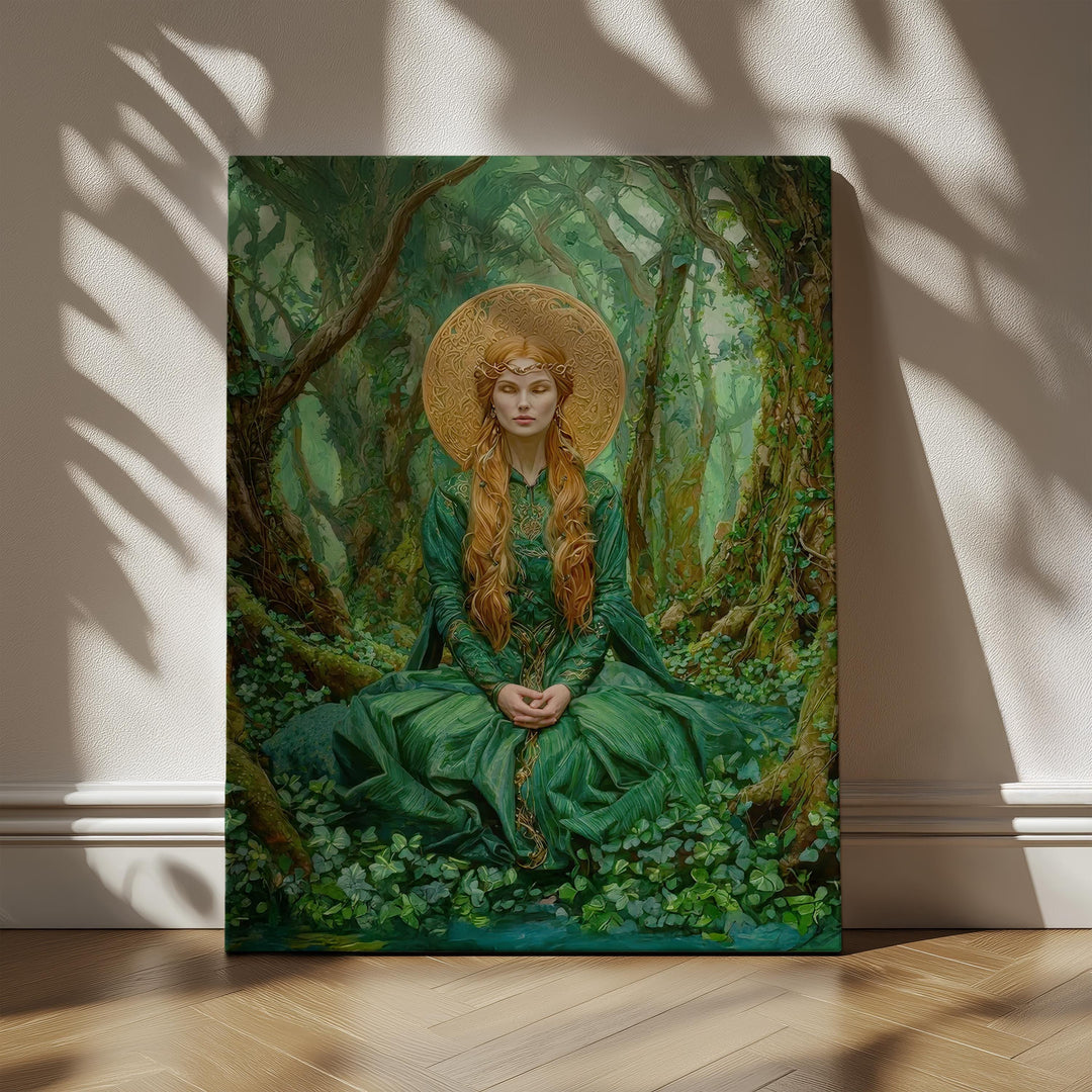 Ethereal Celtic goddess wall art showing a tranquil forest goddess in flowing green robes surrounded by enchanted woodland scenery