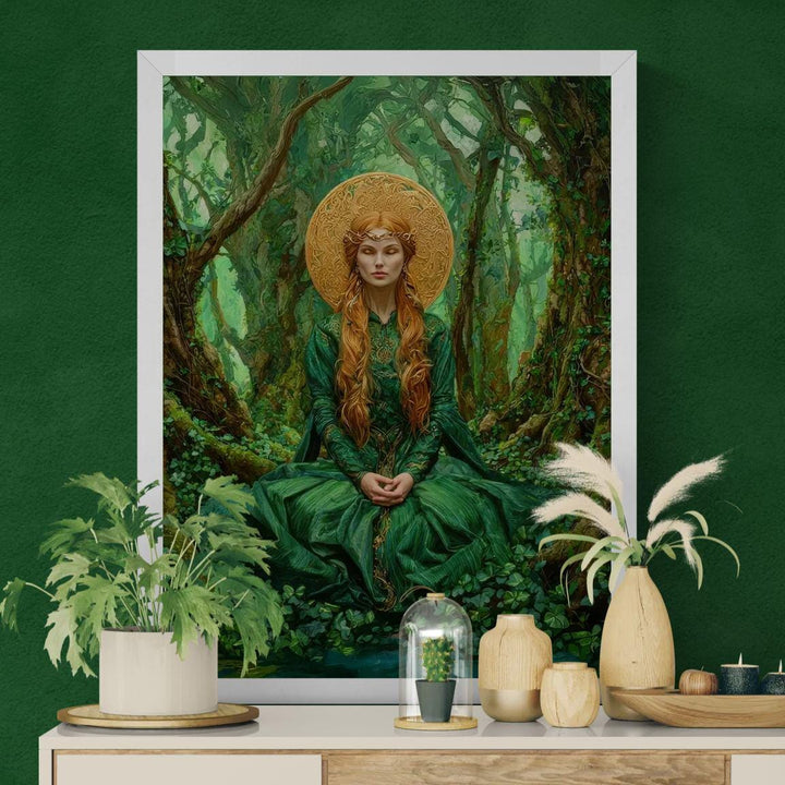 Ethereal Celtic goddess wall art showing a tranquil forest goddess in flowing green robes surrounded by enchanted woodland scenery