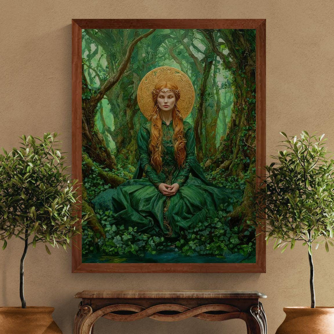 Ethereal Celtic goddess wall art showing a tranquil forest goddess in flowing green robes surrounded by enchanted woodland scenery