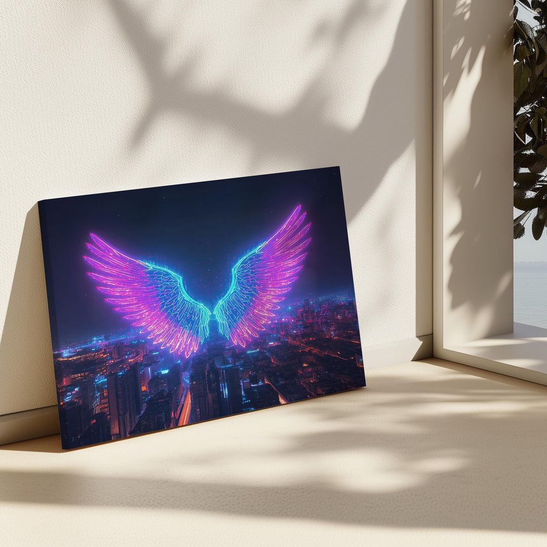 Angel wings wall art featuring luminous neon wings floating above a futuristic cityscape at night