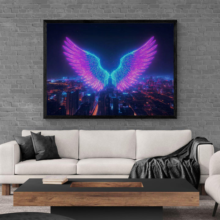Angel wings wall art featuring luminous neon wings floating above a futuristic cityscape at night