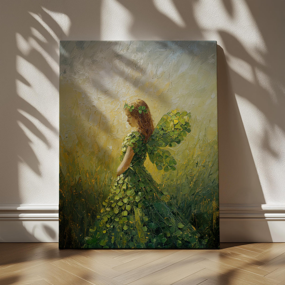 Clover fairy wall art featuring a fairy formed from green clover leaves standing in a glowing fantasy meadow
