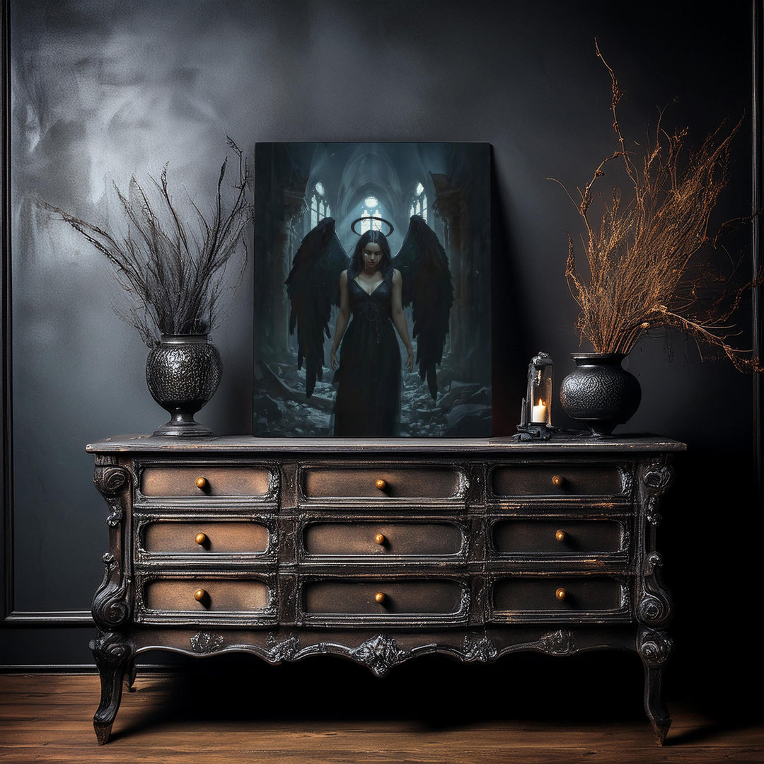 Dark fantasy artwork of a fallen angel with black wings and cracked halo standing inside a ruined gothic cathedral, surrounded by broken stone and moody light