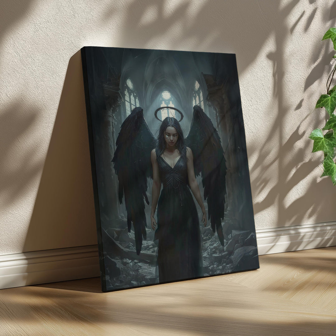Dark fantasy artwork of a fallen angel with black wings and cracked halo standing inside a ruined gothic cathedral, surrounded by broken stone and moody light