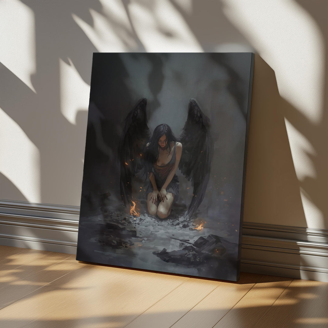 Gothic dark fantasy artwork of a fallen angel kneeling in ash with black wings, glowing embers, and sorrowful atmosphere