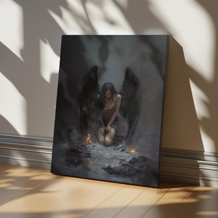 Gothic dark fantasy artwork of a fallen angel kneeling in ash with black wings, glowing embers, and sorrowful atmosphere