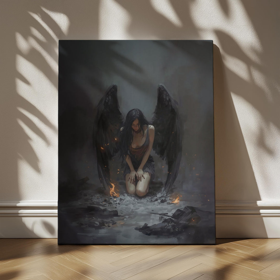 Gothic dark fantasy artwork of a fallen angel kneeling in ash with black wings, glowing embers, and sorrowful atmosphere