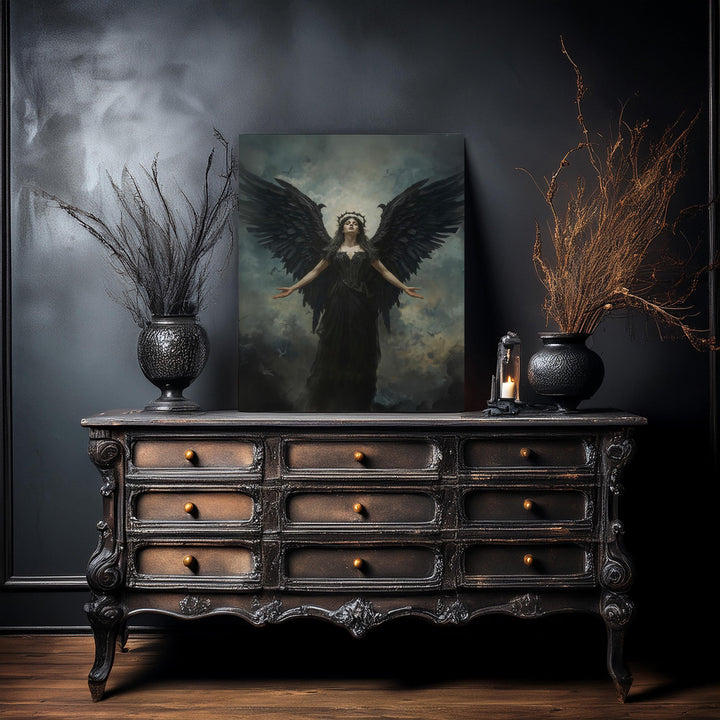 Dark fantasy artwork of a powerful black-winged angel rising beneath stormy skies with crown halo and dramatic lighting