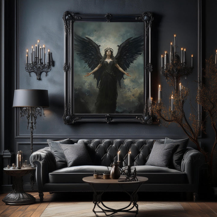 Dark fantasy artwork of a powerful black-winged angel rising beneath stormy skies with crown halo and dramatic lighting
