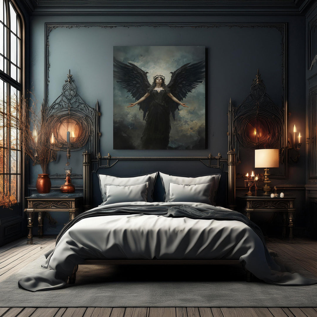 Dark fantasy artwork of a powerful black-winged angel rising beneath stormy skies with crown halo and dramatic lighting