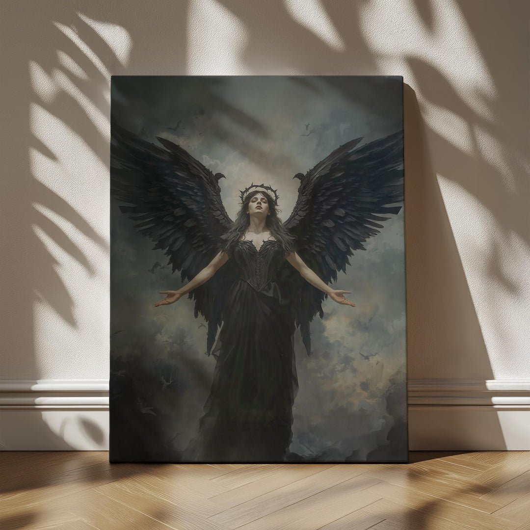 Dark fantasy artwork of a powerful black-winged angel rising beneath stormy skies with crown halo and dramatic lighting