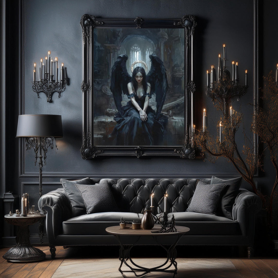 Dark fantasy artwork of a seated fallen angel with black wings inside a ruined gothic cathedral, surrounded by shadow and soft light