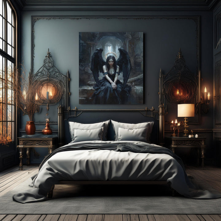 Dark fantasy artwork of a seated fallen angel with black wings inside a ruined gothic cathedral, surrounded by shadow and soft light