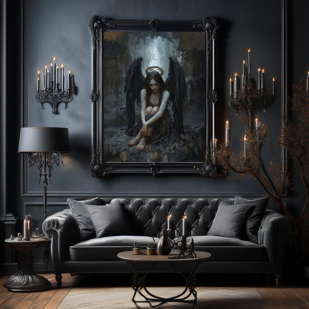Gothic dark fantasy artwork of a fallen angel wearing a thorn crown halo with expansive black wings and dramatic lighting