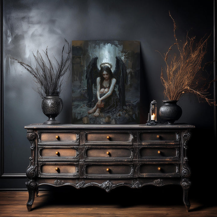 Gothic dark fantasy artwork of a fallen angel wearing a thorn crown halo with expansive black wings and dramatic lighting